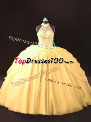 High Quality Ball Gowns Quinceanera Dresses Gold Halter Top Tulle Sleeveless Floor Length Lace Up