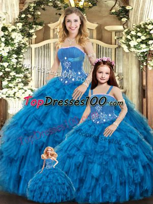 Admirable Ball Gowns 15 Quinceanera Dress Blue Strapless Tulle Sleeveless Floor Length Lace Up