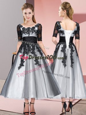 Grey Tulle Lace Up Scoop Short Sleeves Tea Length Quinceanera Court Dresses Beading and Lace