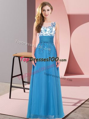 Fashion Blue Empire Chiffon Scoop Sleeveless Appliques Floor Length Backless Quinceanera Court Dresses