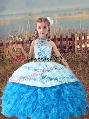 Baby Blue Sleeveless Floor Length Beading and Embroidery and Ruffles Lace Up Kids Formal Wear