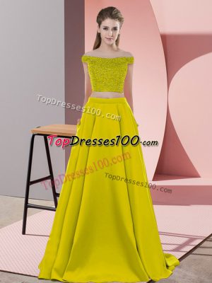 Customized Elastic Woven Satin Off The Shoulder Sleeveless Sweep Train Backless Beading Evening Dress in Olive Green