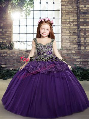 Straps Sleeveless Tulle Little Girls Pageant Dress Beading and Appliques Lace Up