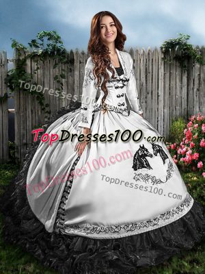 Cheap Sleeveless Floor Length Embroidery and Ruffles Lace Up 15th Birthday Dress with White And Black