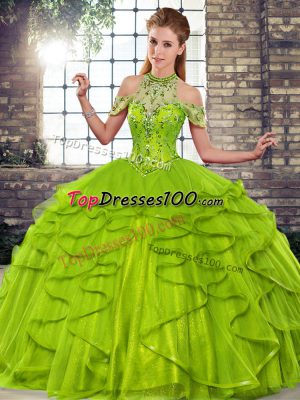Custom Designed Tulle Halter Top Sleeveless Lace Up Beading and Ruffles 15th Birthday Dress in Olive Green