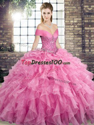 Hot Selling Beading and Ruffles 15 Quinceanera Dress Rose Pink Lace Up Sleeveless Brush Train