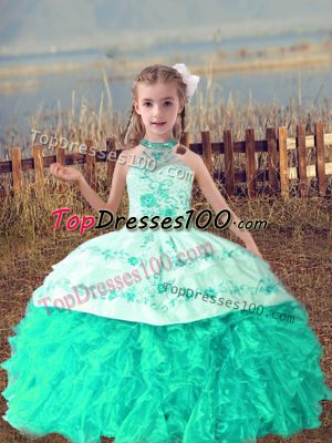 Enchanting Floor Length Turquoise Pageant Gowns For Girls Halter Top Sleeveless Lace Up