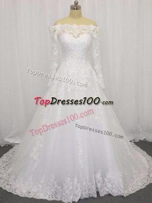 Deluxe Clasp Handle Wedding Dresses White for Wedding Party with Beading and Lace Brush Train