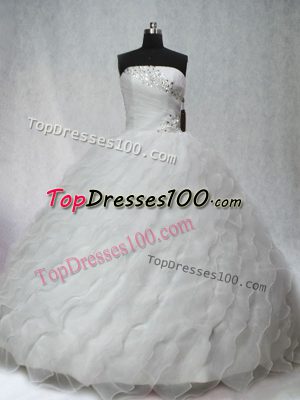 Strapless Sleeveless Organza Quinceanera Dress Beading and Ruching Brush Train Lace Up