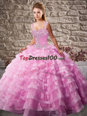 Graceful Pink Ball Gowns Organza Straps Sleeveless Beading and Ruffled Layers Floor Length Lace Up Quince Ball Gowns Court Train