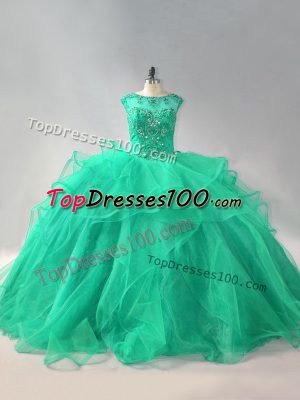 Pretty Scoop Sleeveless Lace Up Quinceanera Gowns Turquoise Organza
