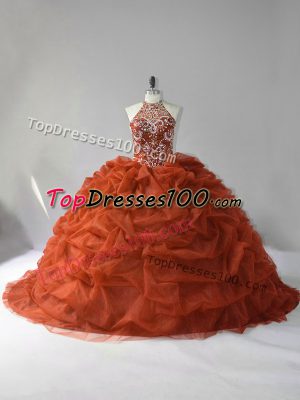 New Style Brown Ball Gown Prom Dress Sweet 16 and Quinceanera with Beading and Pick Ups Halter Top Sleeveless Court Train Lace Up