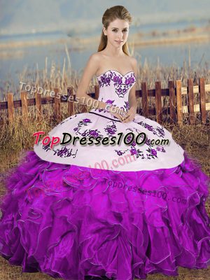 Best White And Purple Lace Up Sweetheart Embroidery and Ruffles and Bowknot Quinceanera Gown Organza Sleeveless
