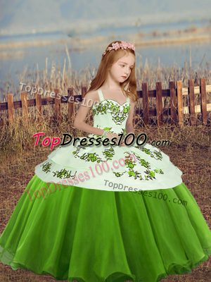 Green Sleeveless Floor Length Embroidery Lace Up Little Girl Pageant Dress