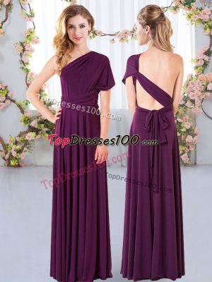One Shoulder Sleeveless Criss Cross Wedding Party Dress Dark Purple Chiffon