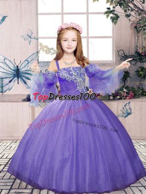 Custom Fit Lavender Tulle Lace Up Glitz Pageant Dress Sleeveless Floor Length Beading