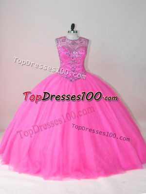 Sleeveless Tulle Floor Length Lace Up Ball Gown Prom Dress in Rose Pink with Beading