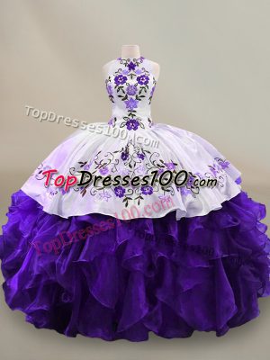 Comfortable White And Purple Vestidos de Quinceanera Sweet 16 and Quinceanera with Embroidery and Ruffles Halter Top Long Sleeves Lace Up