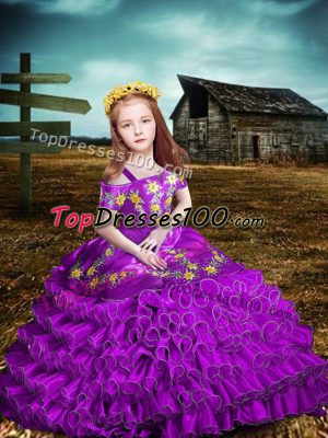 Short Sleeves Floor Length Embroidery and Ruffled Layers Lace Up Kids Formal Wear with Purple