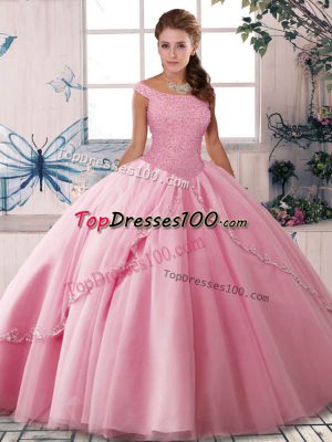 Rose Pink Ball Gowns Off The Shoulder Sleeveless Tulle Brush Train Lace Up Beading Sweet 16 Dresses