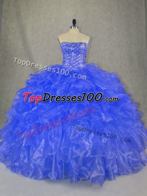 Affordable Sleeveless Floor Length Beading and Ruffles Lace Up Quinceanera Gowns with Blue