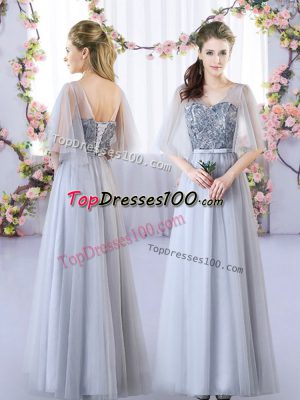 Delicate Grey Lace Up Wedding Party Dress Appliques Sleeveless Floor Length