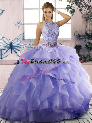 Scoop Sleeveless Quinceanera Dresses Beading and Ruffles Lavender Tulle