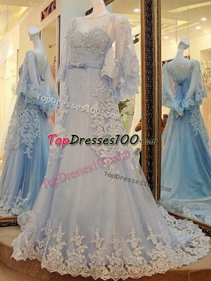 Long Sleeves Lace and Appliques and Belt Lace Up Homecoming Dress with Light Blue Court Train