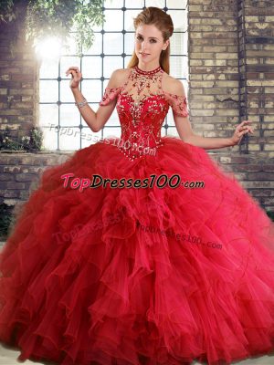 Latest Red Sweet 16 Dresses Military Ball and Sweet 16 and Quinceanera with Beading and Ruffles Halter Top Sleeveless Lace Up