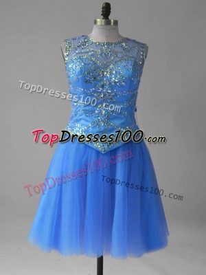 Edgy Sleeveless Tulle Mini Length Lace Up Evening Dress in Blue with Beading and Sequins