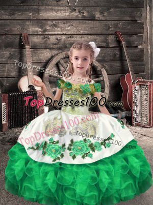 Elegant Green Ball Gowns Off The Shoulder Sleeveless Organza Floor Length Lace Up Beading and Embroidery and Ruffles Girls Pageant Dresses