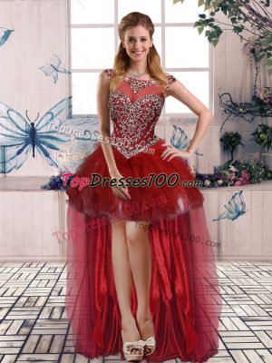 Burgundy Prom Homecoming Dress Prom and Party with Beading and Ruffles Scoop Sleeveless Zipper