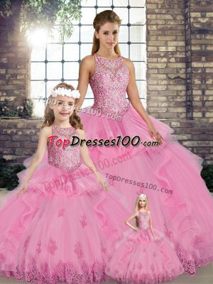 Customized Rose Pink Lace Up Quinceanera Gown Lace and Embroidery and Ruffles Sleeveless Floor Length