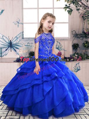 Attractive Floor Length Royal Blue Pageant Dress for Teens Organza Sleeveless Beading