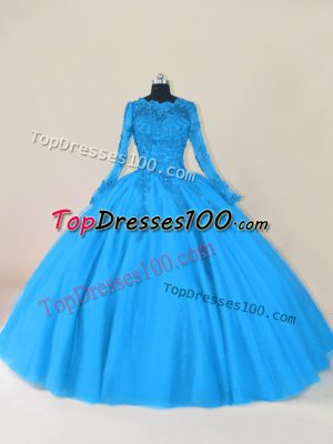 Flirting Blue Long Sleeves Floor Length Lace and Appliques Zipper Quinceanera Dresses