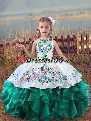 Organza Scoop Sleeveless Lace Up Embroidery and Ruffles Little Girls Pageant Dress in Turquoise