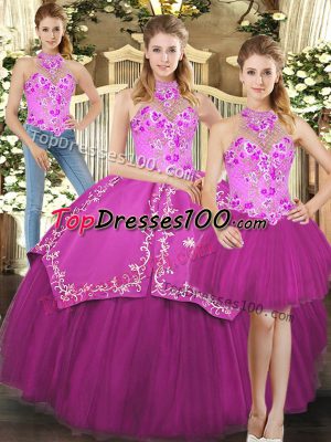 New Arrival Fuchsia Three Pieces Satin and Tulle Halter Top Sleeveless Embroidery Floor Length Lace Up Quinceanera Gowns