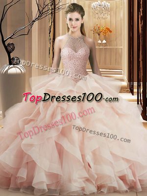 Trendy Halter Top Sleeveless Sweet 16 Dresses Brush Train Beading and Ruffles Pink Organza