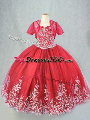 Customized Spaghetti Straps Sleeveless Tulle Kids Formal Wear Beading and Embroidery Lace Up
