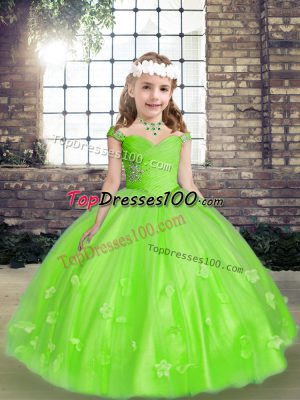 Pretty Sleeveless Lace Up Floor Length Beading and Hand Made Flower Kids Formal Wear