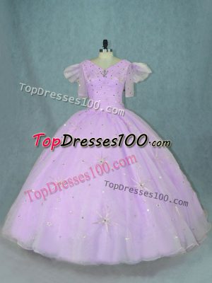 Traditional Lavender Organza Zipper V-neck Sleeveless Floor Length Sweet 16 Dress Beading