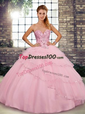 Fashionable Baby Pink 15th Birthday Dress Sweetheart Sleeveless Brush Train Lace Up