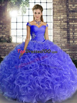 Floor Length Blue Quinceanera Gown Fabric With Rolling Flowers Sleeveless Beading