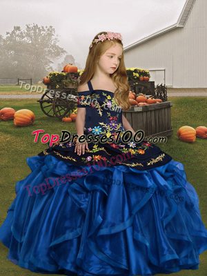 Floor Length Blue Pageant Dress Toddler Straps Sleeveless Lace Up