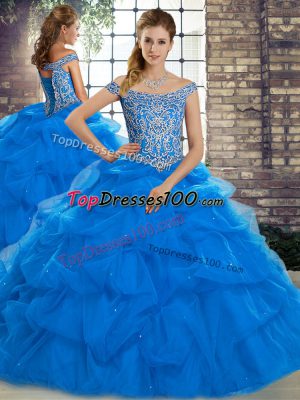 Blue Lace Up Off The Shoulder Beading and Pick Ups Quince Ball Gowns Tulle Sleeveless Brush Train