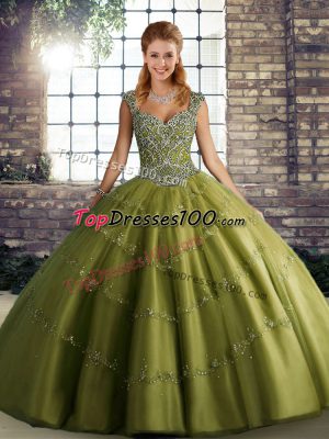 Floor Length Olive Green 15th Birthday Dress Straps Sleeveless Lace Up