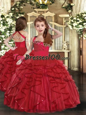 Fancy Red Lace Up Straps Ruffles Girls Pageant Dresses Tulle Sleeveless