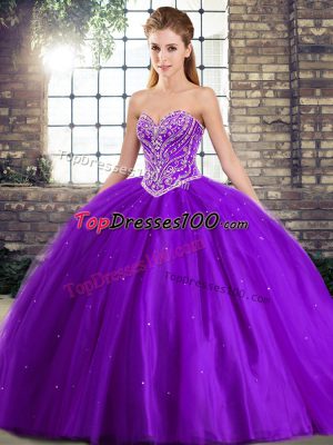 Purple Sweet 16 Quinceanera Dress Military Ball and Sweet 16 and Quinceanera with Beading Sweetheart Sleeveless Brush Train Lace Up