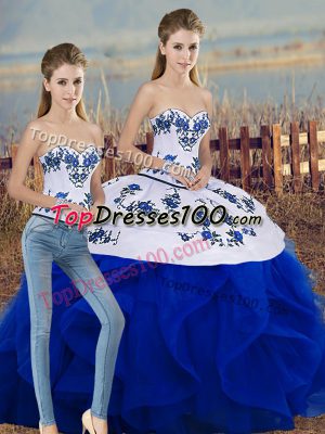 Pretty Sleeveless Floor Length Embroidery and Ruffles and Bowknot Lace Up Quince Ball Gowns with Royal Blue