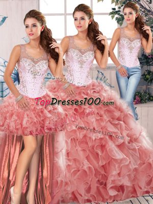 Beading and Ruffles 15 Quinceanera Dress Watermelon Red Clasp Handle Sleeveless Floor Length
